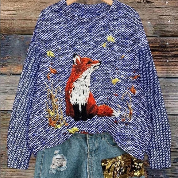 Fox Pattern Loose Pullover Sweater With Faux Embroidery Design - Picture 1 of 3